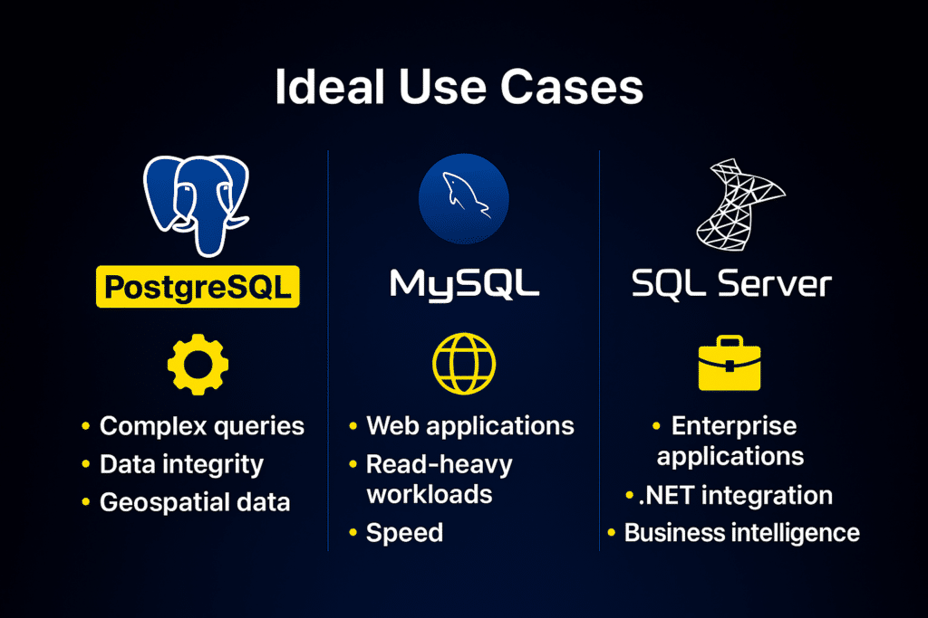 ideal use case for postgresql vs mysql vs sql server